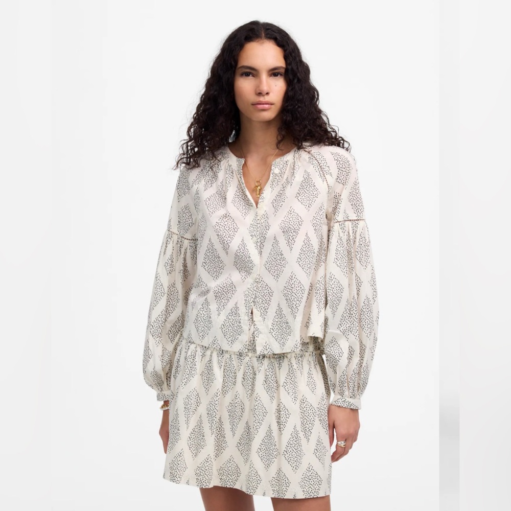 Madewell NWT Shirred Balloon-Sleeve Top in Geometric Print. Size S